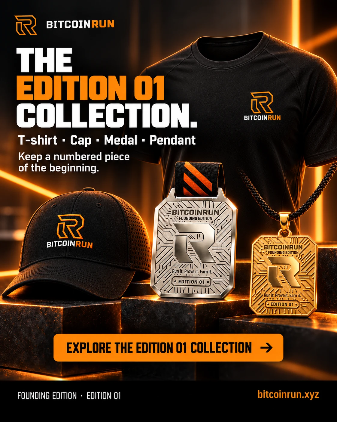 Approved BitcoinRun Edition 01 collection: T-shirt, cap, medal and pendant